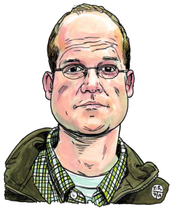 Portrait of Chris Ware by Rama Hughes from a photograph by Noah Sheldon